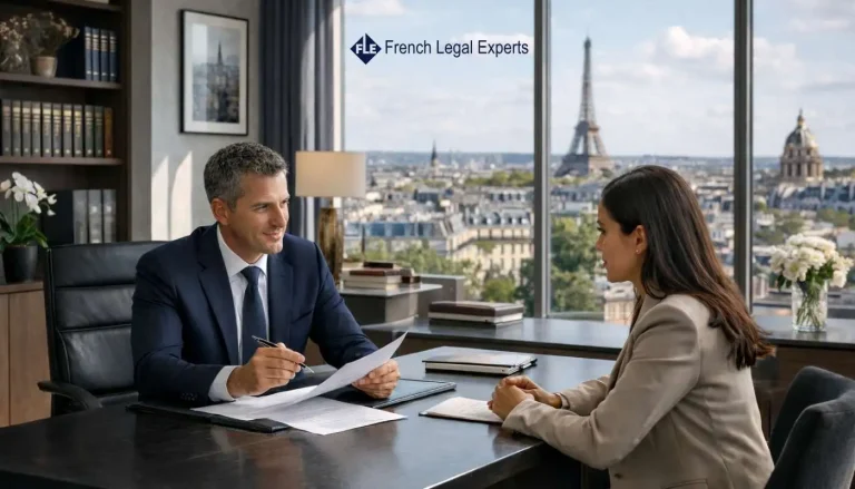 French visa lawyer providing legal consultation to an international client in a professional Paris law office