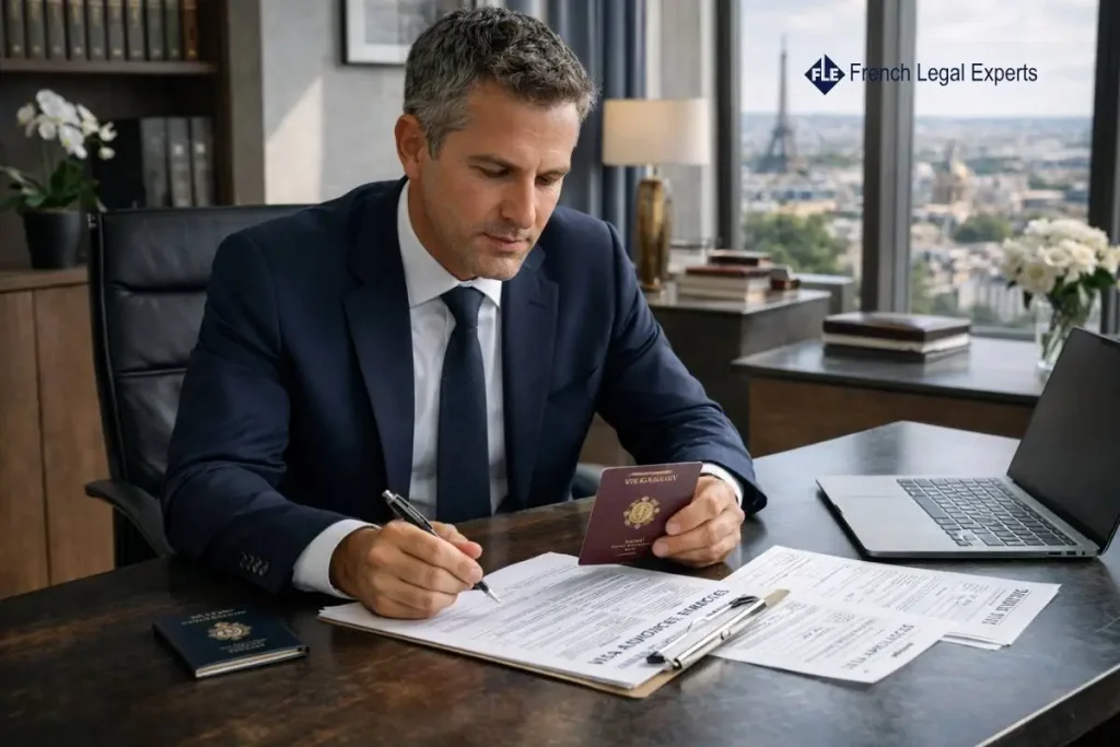 Immigration lawyer France visa reviewing visa application documents and passport paperwork in a modern legal office